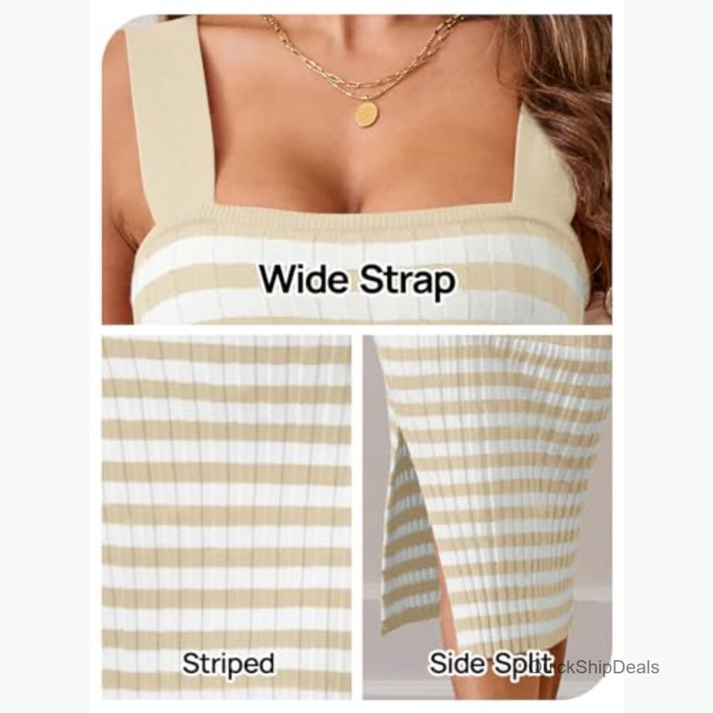 Sleeveless Ribbed Knit Midi Dress Bodycon Striped Backless Square Neck - Picture 5 of 7